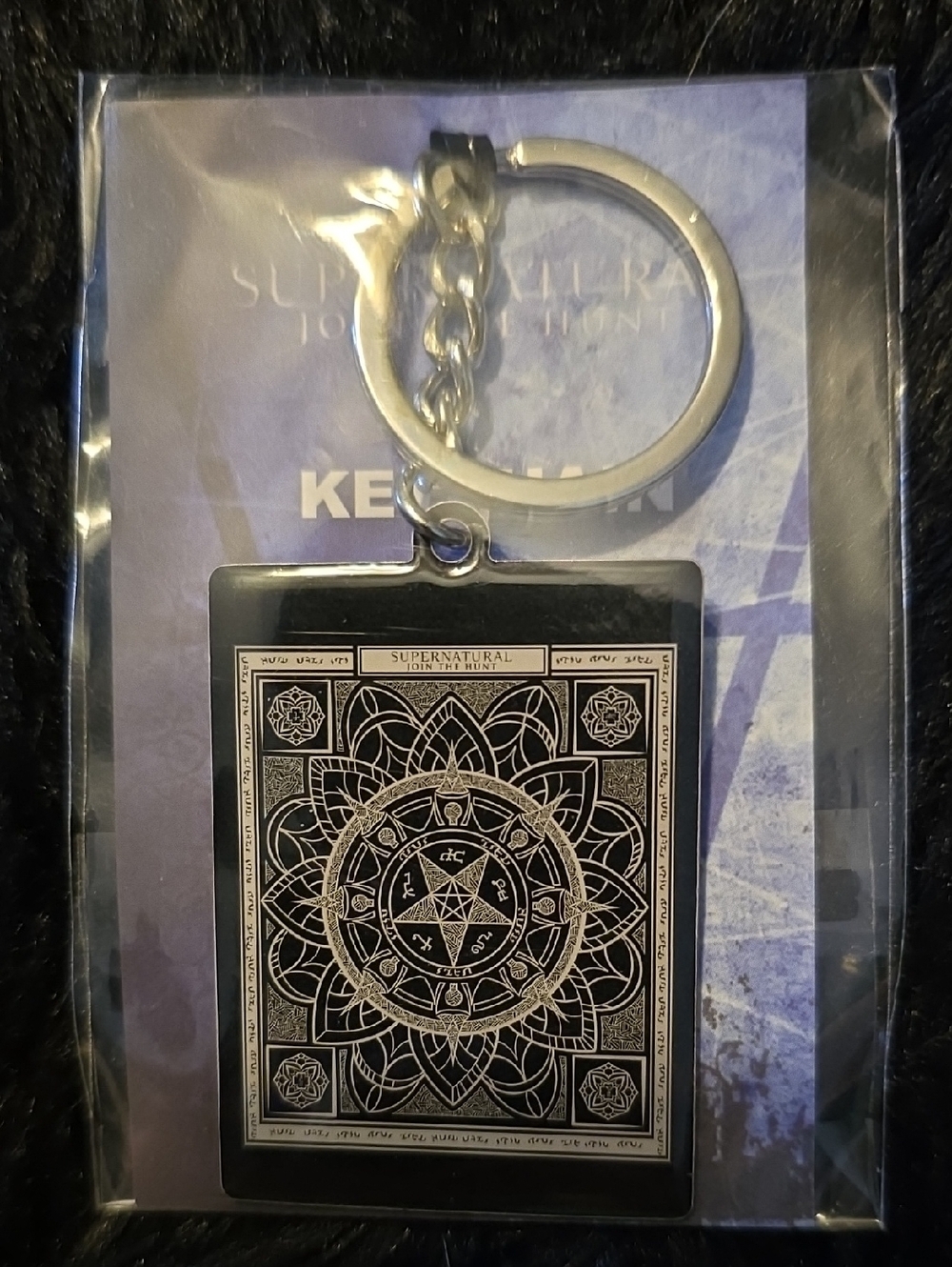 Supernatural Black and Silver Keychain with Intricate Mandala Design